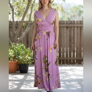 Soma elegant pink with floral fabrication long Dress V-Neck Cottage core L